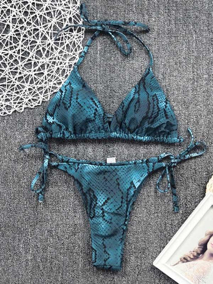 Snake-Print Triangle Bandage Split Bikini Swimsuit