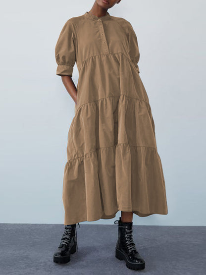 Original Solid Color Split-Joint Pleated Buttoned Stand Collar Half Puff Sleeves Midi Dress