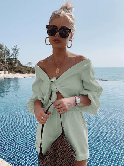 9 Colors Fashion Solid Color Blouse&Shorts Two Pieces Set