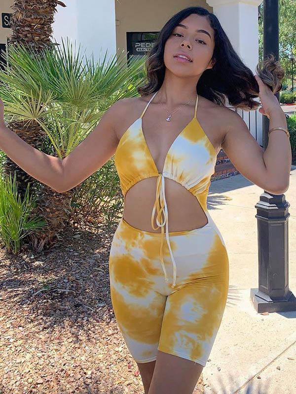 Sexy Tie-Dyed Wrap Bandage Hollow Rompers
