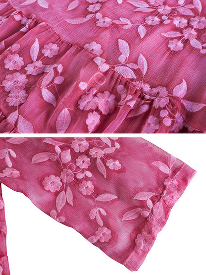 Original Loose Embroidered Solid Color Pleated Midi Dress