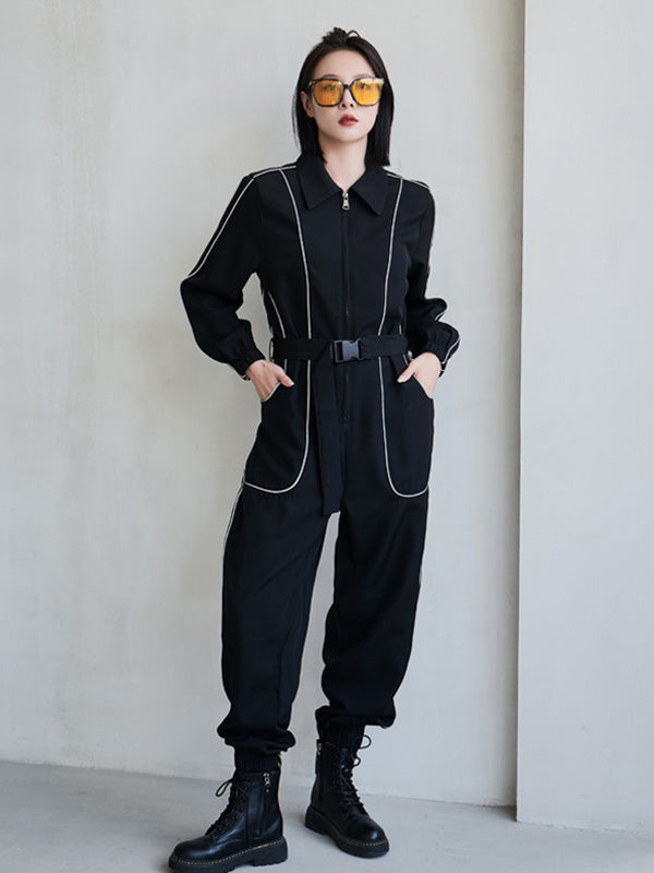 Cool Street Loose High-Waist Zipper Reflective Stripe Lapel Collar Long Sleeves Wide Leg Jumpsuits