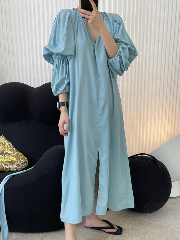 Fashion Split-Front Puff Sleeves V-Neck Midi Dress