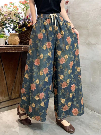 Loose Artistic Retro Wide Legs Floral Printed Jean Pants