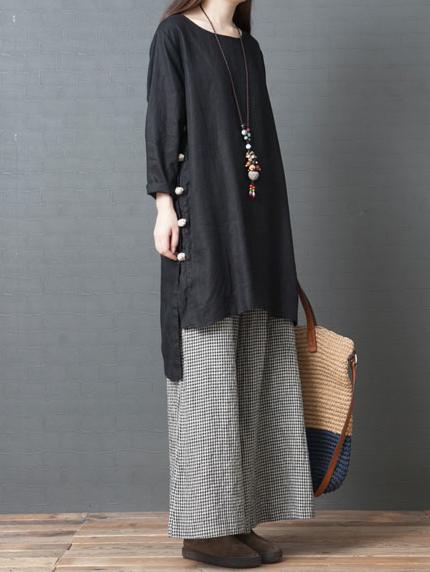 Solid Split-joint Round-neck Short Shirt Dress