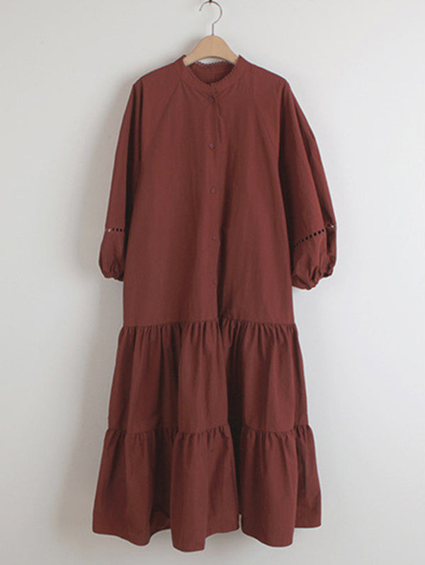 Casual Solid Color Pleated Buttoned Stand Collar Hollow Puff Sleeves Midi Dress