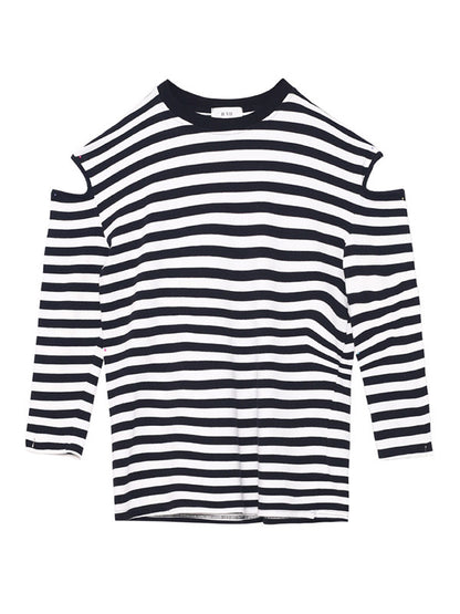 Original Stylish Striped Hollow Cold Shoulder Long Sleeves T-Shirt Tops