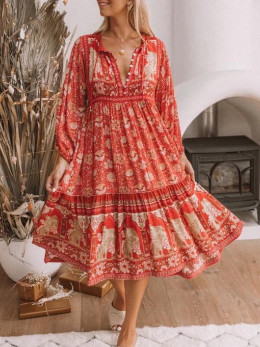 Printed Long Sleeves Lace-up Midi Dress