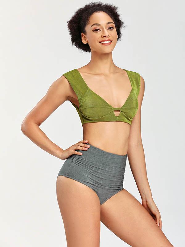 Solid Color Deep V-Neck Split Bikini Swimsuit