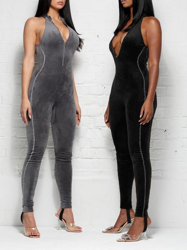 Solid Halterneck Zipper Yoga Jumpsuits