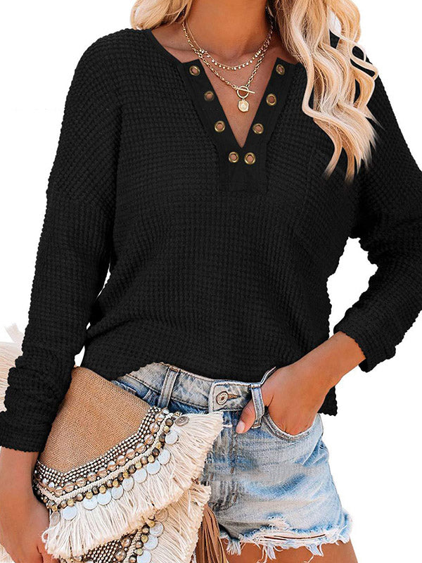 Casual Solid Color V-Neck Long Sleeves T-Shirt Tops