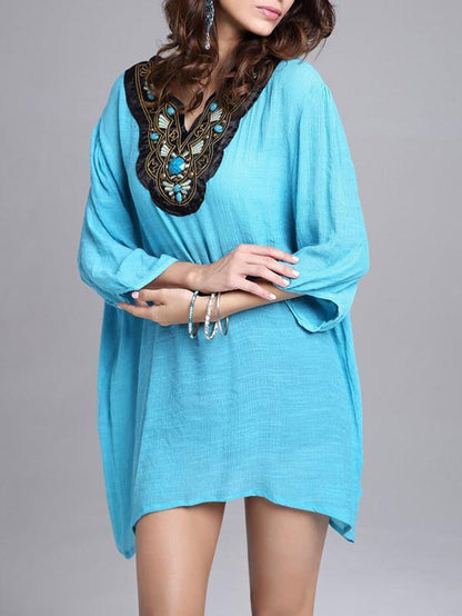 Elegant Bohemia Half Sleeve V Neck Embroidery Beaded Blouse Tops
