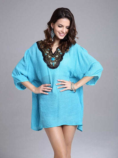 Elegant Bohemia Half Sleeve V Neck Embroidery Beaded Blouse Tops