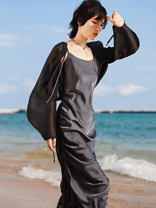 Fashion Ruffled Drawstring Bandage Spaghetti-Neck Midi Dress