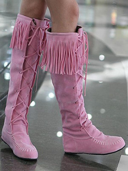 National Style Tasseled Bandage Low-heel Boots Shoes