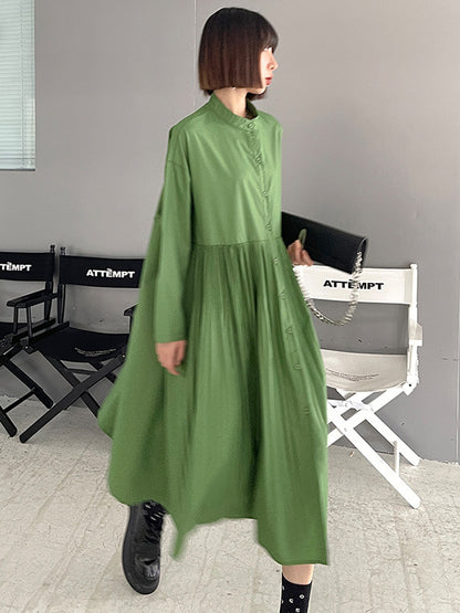 Simple Solid Color Pleated Stand Collar Midi Dress