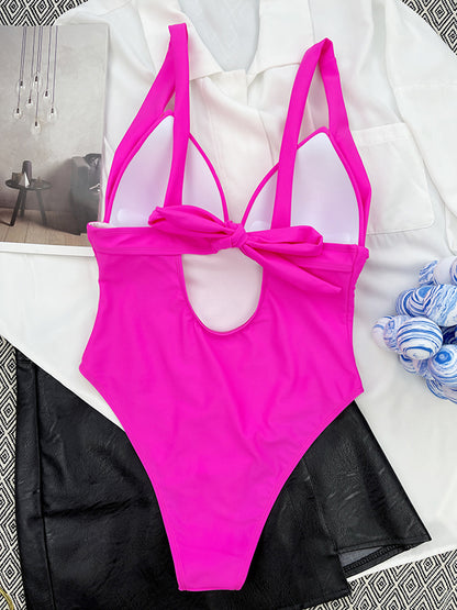 Solid Color V-Neck Backless One-Piece Swimsuit