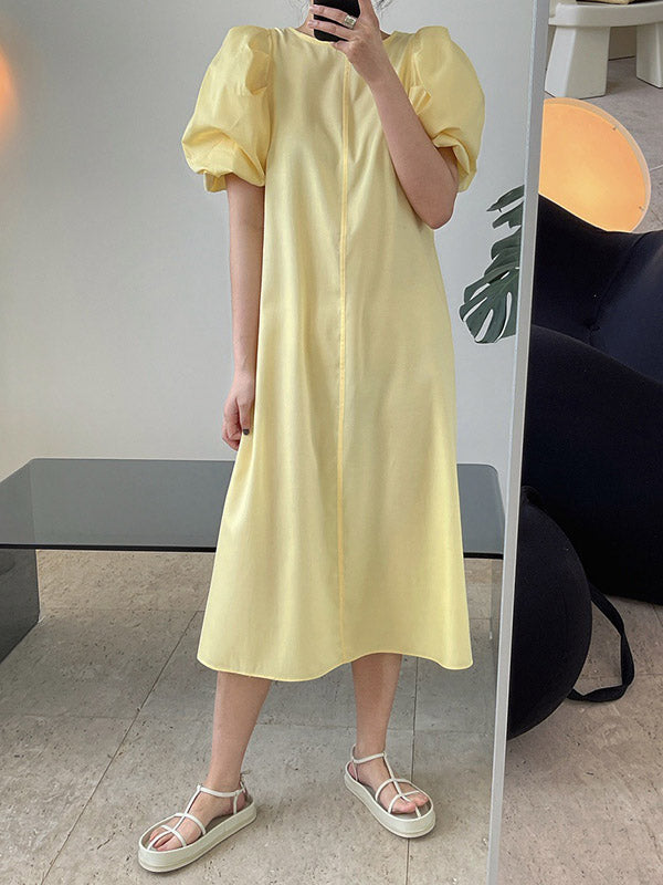 Girlish A-Line Puff Sleeves Round-Neck Midi Dress