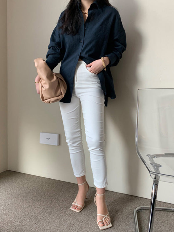 Urban Ramie Cotton Solid Color Lapel Long Sleeves Blouse