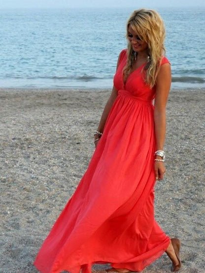 Ruffled V-neck Sleeveless Maxi Dress