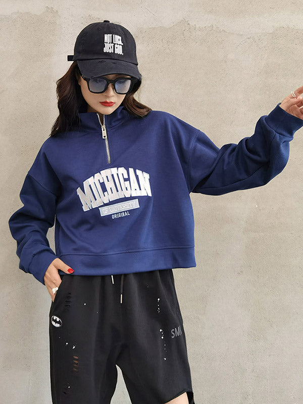 Casual Letter Printed Zipper High-Neck Long Sleeves Sweatshirts