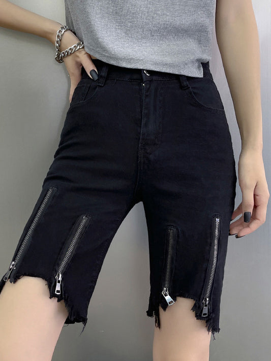 Hip-Hop Stylish Black Irregular Clipping Fringed Zipper Wrap Denim Shorts