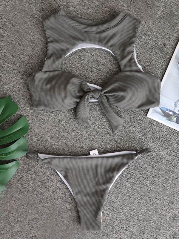 Solid Color Hollow Knotted Split Bikini Swimsuit