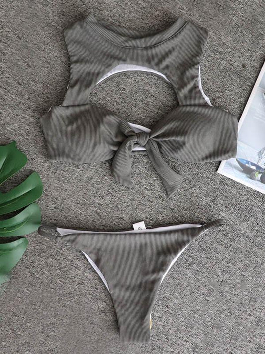 Solid Color Hollow Knotted Split Bikini Swimsuit
