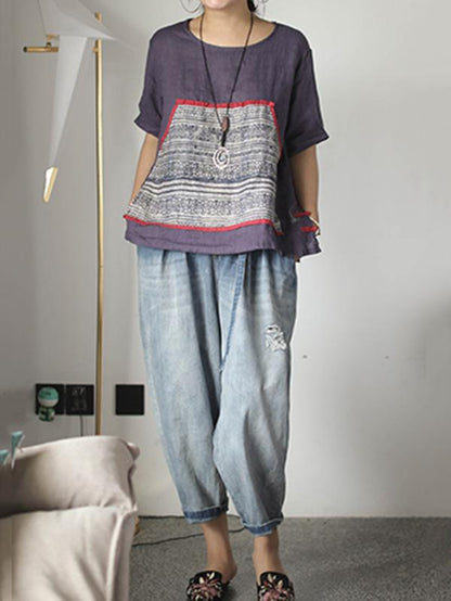 Retro Linen Pocket Split-side T-shirt