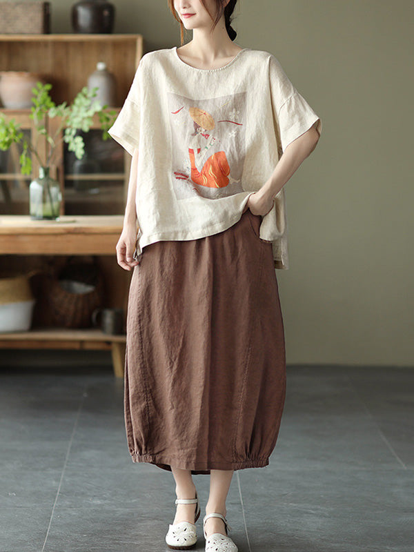 Ramie Cotton Printing Round-Neck T-Shirts Tops