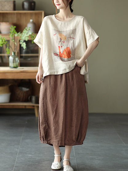 Ramie Cotton Printing Round-Neck T-Shirts Tops