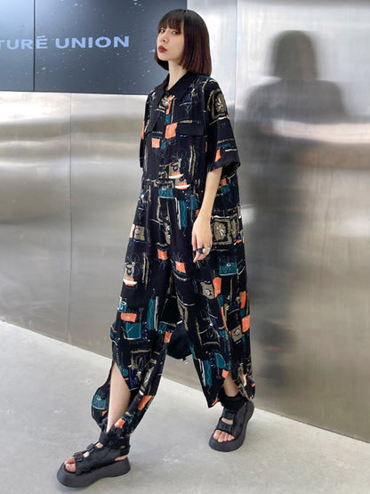 Stylish Printed Belted Split-Side Lapel Short Sleeves Jumpsuits