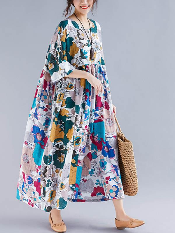 Plus Size Flower Print Round-neck Ramie Long Dress