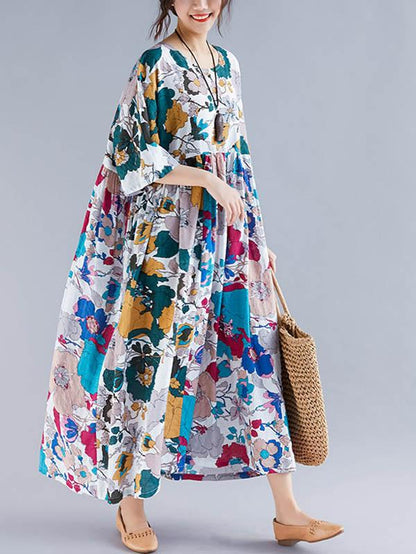 Plus Size Flower Print Round-neck Ramie Long Dress