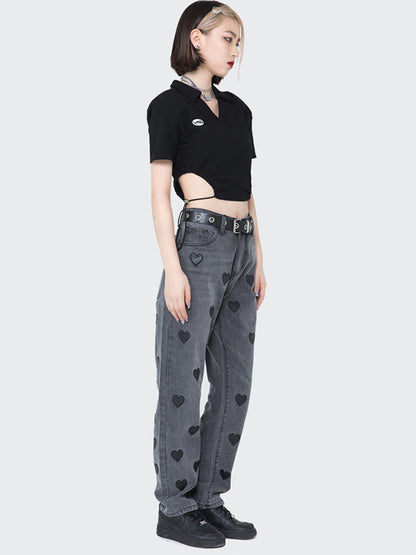 Original Black Lapel V-Neck Hollow T-Shirt