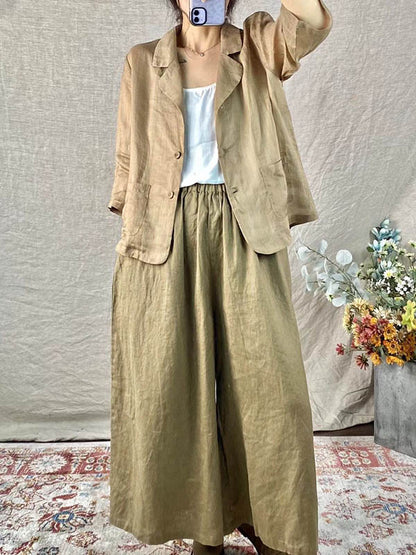 Artistic Retro Ramie Cotton Solid Color Split-Joint With Pocket Buttoned Notched Collar Long Sleeves Blazer Outwear