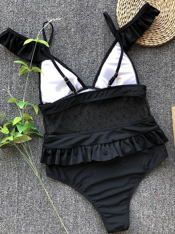 V-neck Falbala Gauze One-piece Swimwear