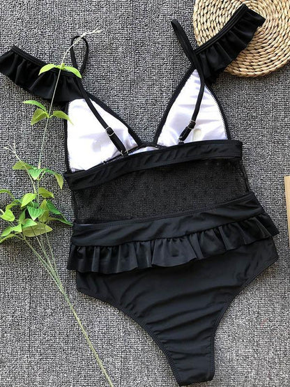 V-neck Falbala Gauze One-piece Swimwear