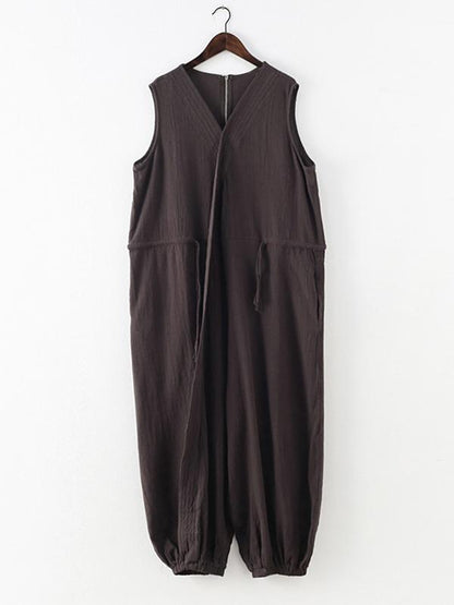 Original Solid Elasticity V-Meck Jumpsuits