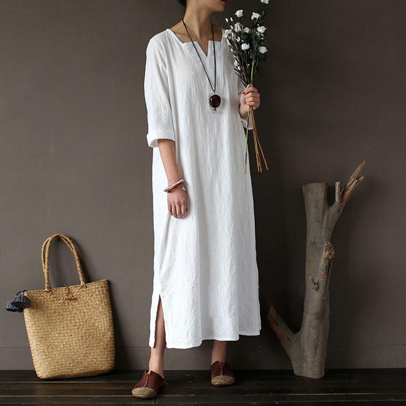 Women Cotton Jacquard Literature Retro Elbow Sleeve White Dress