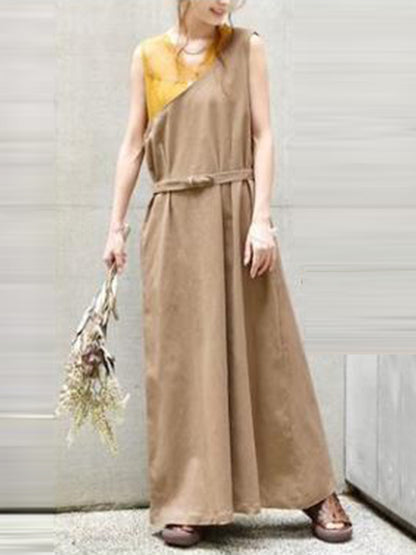 Casual Ramie Cotton Solid Color Belted V-Neck Sleeveless High-Waist One-Shoulder Strap Dress