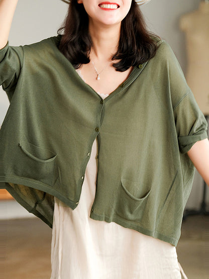 Casual Batwing Sleeve Hooded High-Low V-Neck Buttoned Cardigans