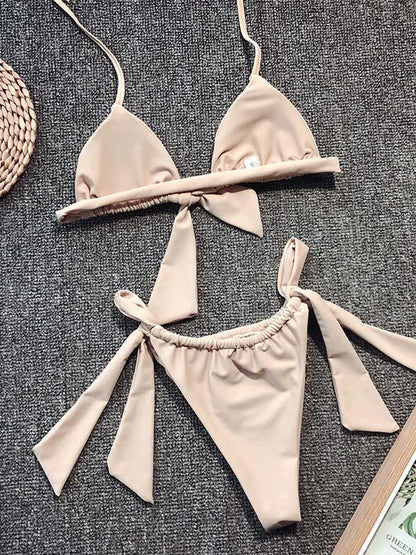 Triangle Top Ruched Plain Bikini Set