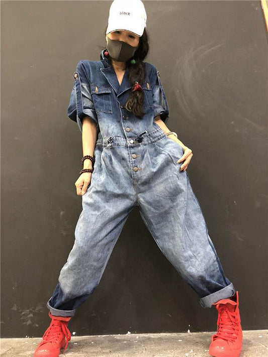 Loose Denim Gradient Lapel With-pockets Jumpsuits
