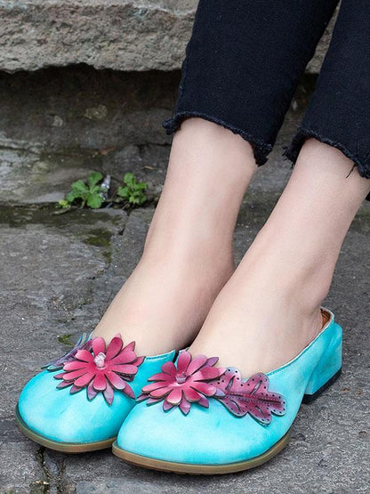 Genuine Leather Flower Decorated Round Toe Mules&Slides