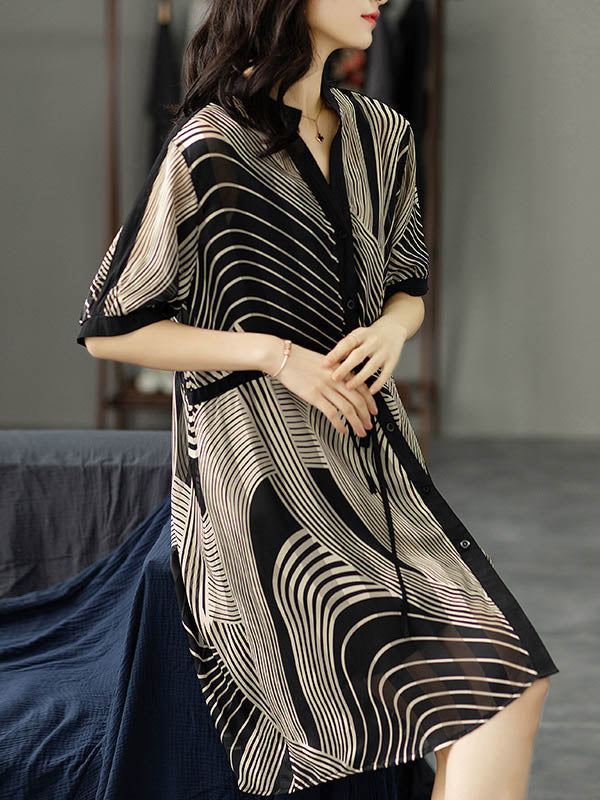 Original Irregular Striped Buttoned Tied V-Neck Half Sleeves Mini Dress