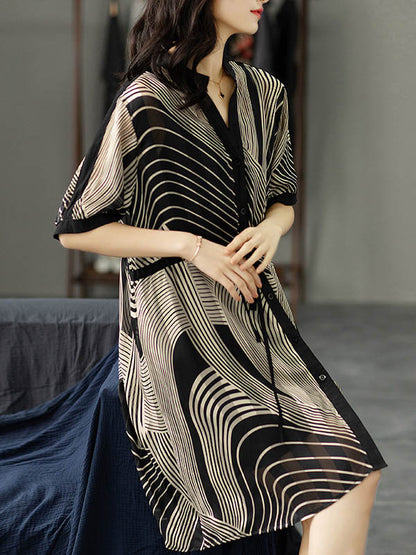 Original Irregular Striped Buttoned Tied V-Neck Half Sleeves Mini Dress