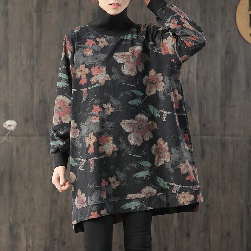 Buykud Casual Flower Print Turtleneck Pullover Sweatshirt