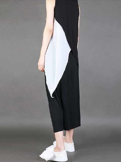 Black&White Split-joint Round-neck Sleeveless T-shirt