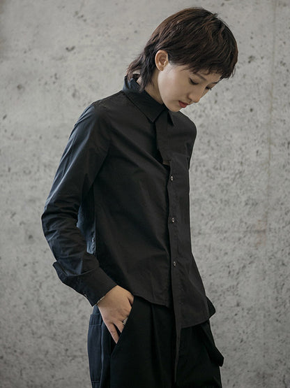 Urban Asymmetric Solid Color Buttoned Lapel Long Sleeves Blouse Tops